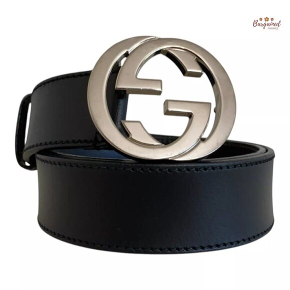 Authentic Gucci Black Leather Silver Interlocking G Buckle Belt Size 85/34 - Picture 1 of 12